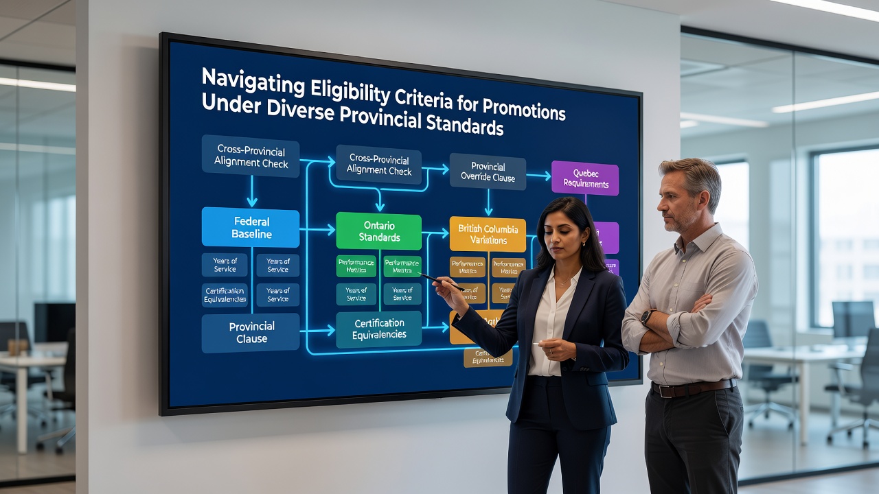 Screenshot-style graphic showing verification workflow steps for promotion eligibility across provinces